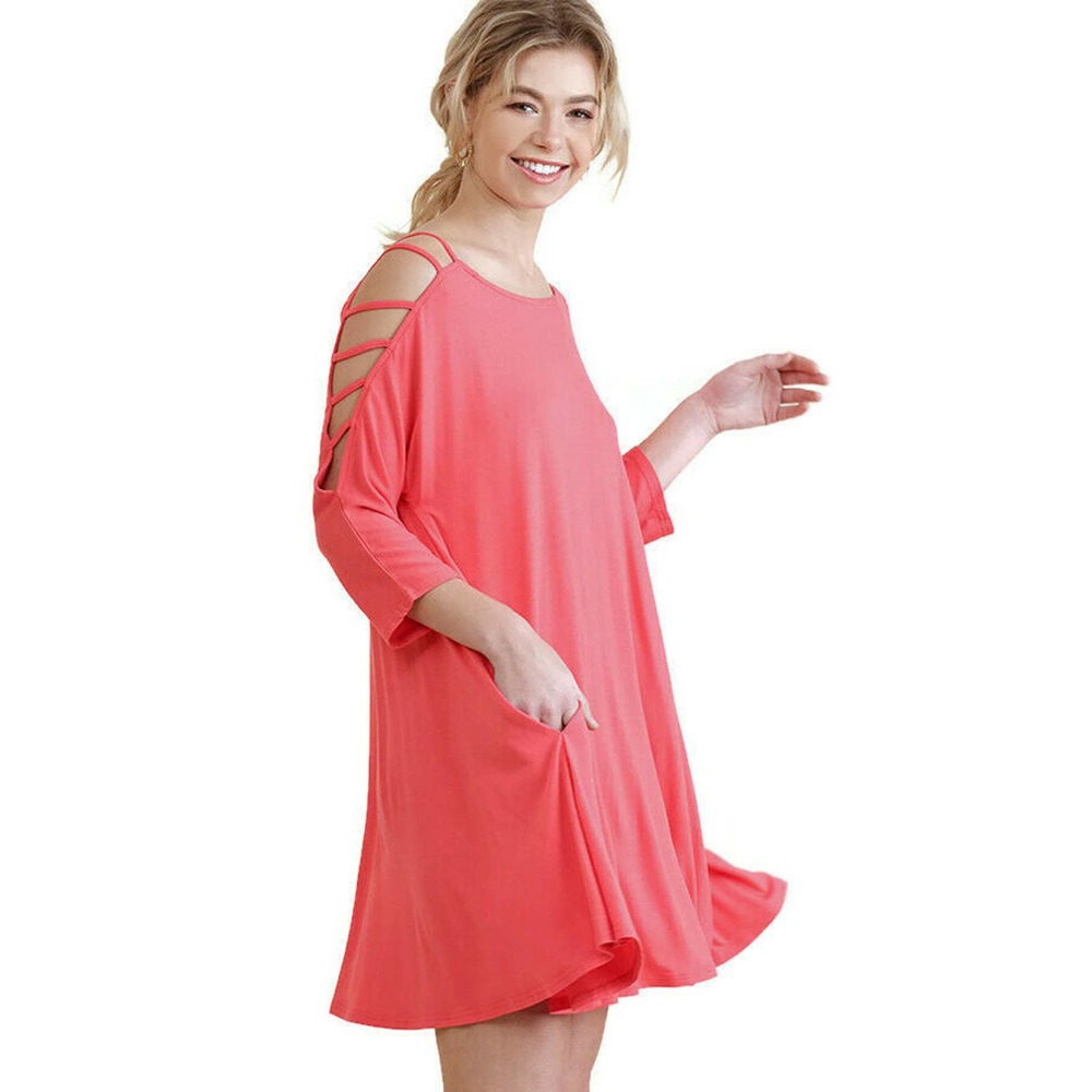 UMGEE Womens Cut Out Cold Shoulder 3/4 Sleeve Dress A3186 - Strawberry Pink NEW